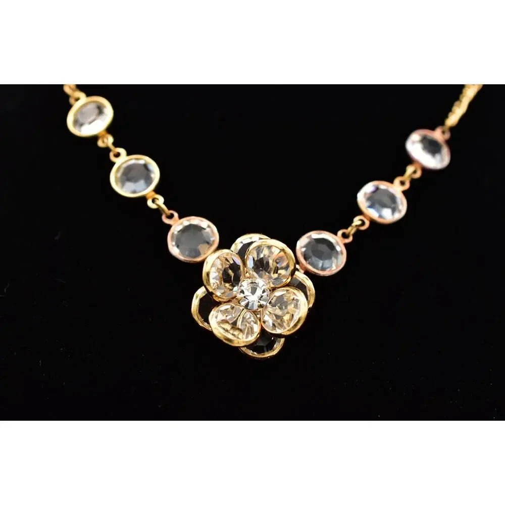 Vintage Clear Open Bezel Crystal Flower Necklace Collar Gold Rhinestone 1980s 9J